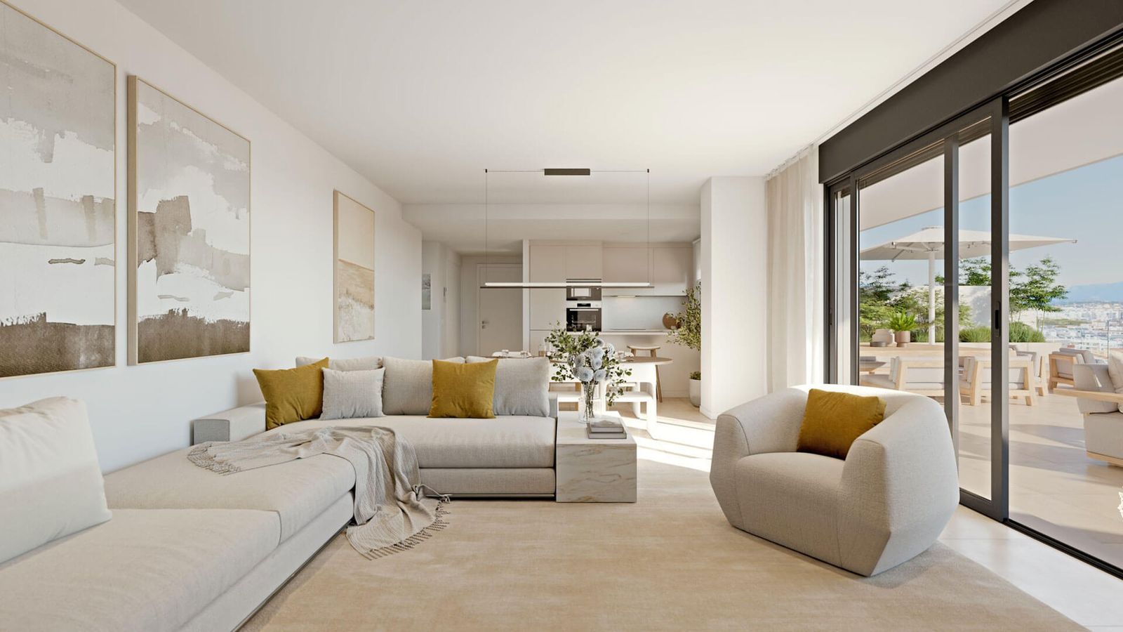 Moderne woonkamer met uitzicht op het terras in Las Mesas Sea Suites.