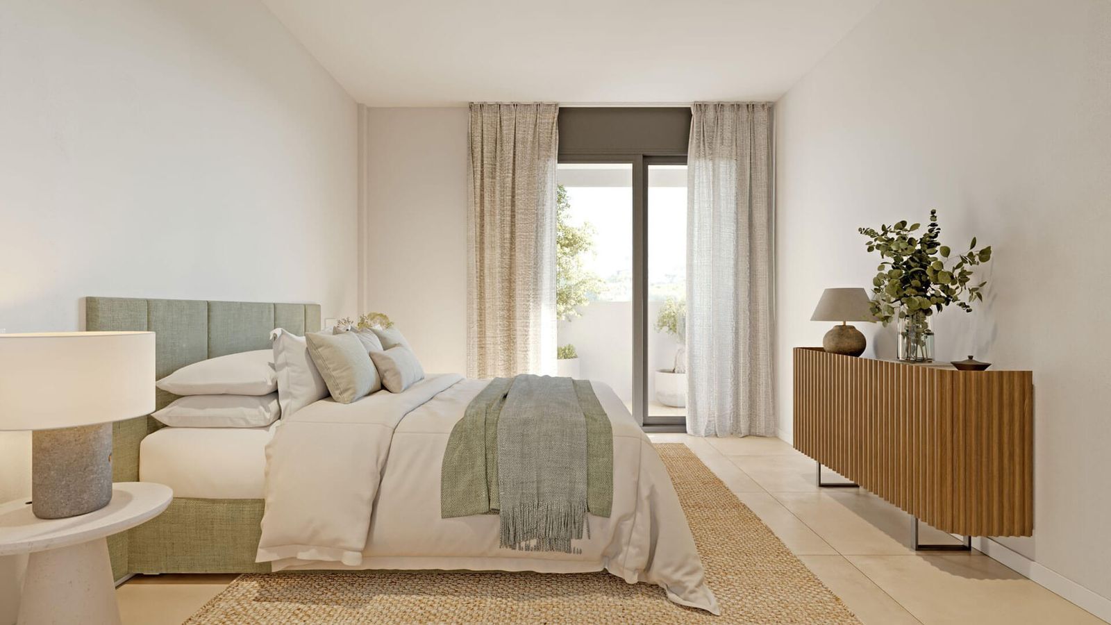 Stijlvolle slaapkamer met balkon in Las Mesas Sea Suites.